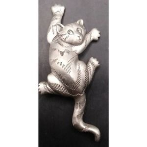 Vintage Signed "JJ" Jonette Co. 1988 Silver Tone Cat Brooch